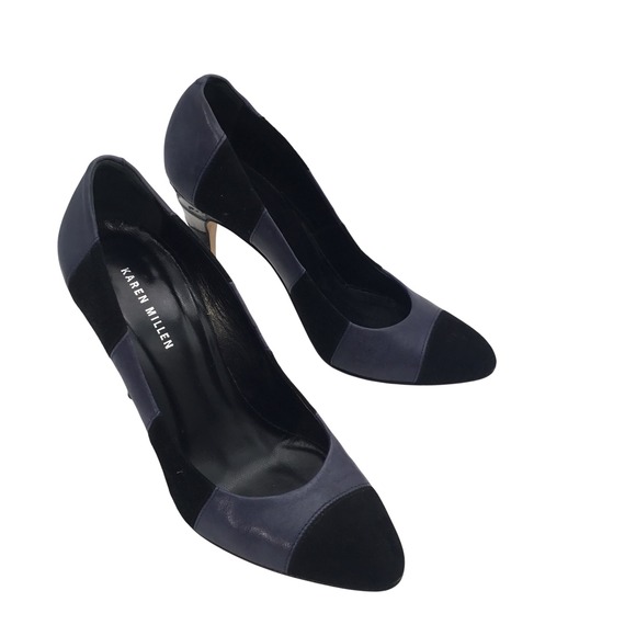 Karen Millen Shoes - Karen Millen Navy Black Colorblock Suede Leather Striped Heel Pumps Italy 40